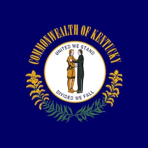 May include: The official flag of the Commonwealth of Kentucky features a blue background with a white circle in the center. The circle contains two men shaking hands, one in a suit and the other in traditional clothing. The circle is surrounded by a wreath of green leaves and yellow flowers. The text "Commonwealth of Kentucky" is written around the circle, and the text "United We Stand, Divided We Fall" is written below the circle.