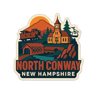 May include: A sticker featuring a vintage-style illustration of North Conway, New Hampshire. The design includes a train, covered bridge, church, and a ski lift, with the text "NORTH CONWAY NEW HAMPSHIRE" in a bold font.
