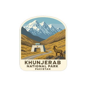 May include: A sticker featuring a scenic illustration of Khunjerab National Park in Pakistan. The design includes snow-capped mountains, a winding road, a stone gate, and a mountain goat. The park's name is displayed in bold text.