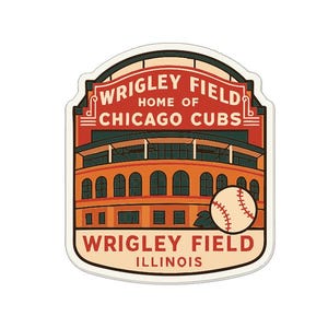 Op de afbeelding: Een sticker met Wrigley Field, de thuisbasis van de Chicago Cubs. Het ontwerp omvat het stadion, een honkbal en de tekst "Wrigley Field, Illinois". Het kleurenschema is rood, oranje en beige.