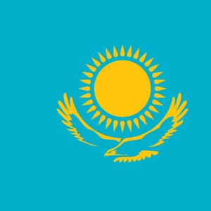 May include: The flag of Kazakhstan features a light blue background with a stylised golden sun and a golden eagle in flight. The sun has 32 rays and is centred on the flag. The eagle is positioned below the sun and has its wings spread wide. The left side of the flag has a vertical band of traditional Kazakh ornament in gold.