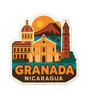 Könnte beinhalten: Ein Aufkleber mit einer stilisierten Illustration von Granada, Nicaragua. Das Design zeigt Gebäude, einen Berg und eine Sonne. Der Text "GRANADA NICARAGUA" ist in fetter Schrift dargestellt, mit einem braunen und teal Farbschema.