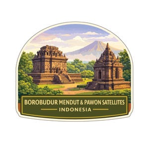 Puede incluir: Una pegatina con una ilustración detallada de los templos Borobudur Mendut & Pawon Satellites en Indonesia. La imagen muestra dos estructuras antiguas rodeadas de exuberante vegetación, con una montaña al fondo. El texto "BOROBUDUR MENDUT & PAWON SATELLITES - INDONESIA" está en la parte inferior.
