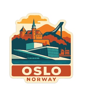 May include: A sticker featuring a stylized illustration of Oslo, Norway. The design includes a cityscape with a castle, modern architecture, and a ski jump, set against a sunset sky. The text "OSLO NORWAY" is at the bottom.