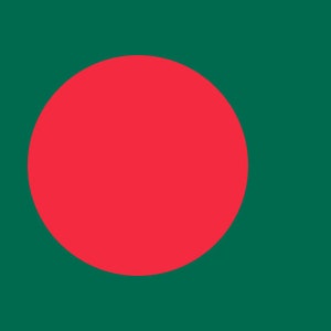 May include: The flag of Bangladesh is green with a large red circle in the centre.