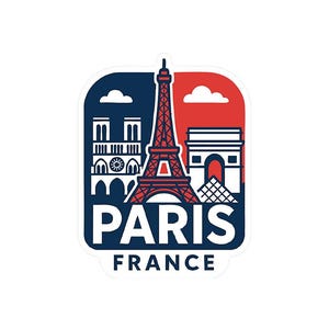 May include: A sticker depicting Parisian landmarks including the Eiffel Tower, Notre Dame, and Arc de Triomphe. The design uses red, white, and blue, with the words "PARIS" and "FRANCE" in white.