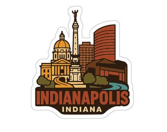 May include: A sticker featuring a stylized illustration of the Indianapolis skyline. The design includes the Indiana Statehouse, Soldiers and Sailors Monument, and other buildings, with the text "Indianapolis Indiana" in a brown font.