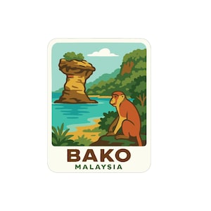 May include: A rectangular sticker featuring a cartoon illustration of Bako National Park in Malaysia. The image shows a monkey, a rock formation, and the text "BAKO MALAYSIA" in a stylized font, set against a backdrop of sea and sky.