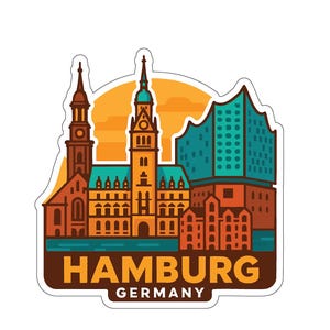 May include: A sticker depicting a stylized illustration of Hamburg, Germany. The design showcases iconic buildings in shades of brown, orange, and teal, set against a yellow and orange backdrop. The word "HAMBURG" is in brown text, with "GERMANY" below.