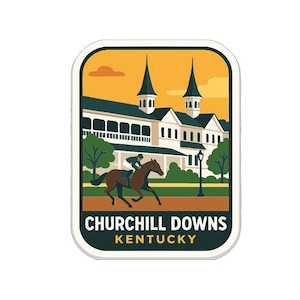 May include: A rectangular sticker featuring a stylized illustration of Churchill Downs in Kentucky. The image includes a horse race with a jockey, the iconic twin spires, and the text "CHURCHILL DOWNS KENTUCKY". The color palette includes shades of green, brown, and orange.