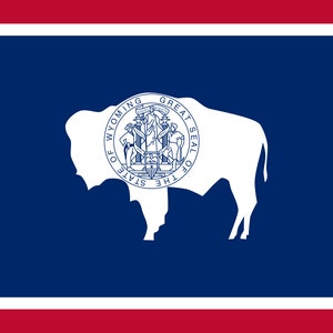 May include: The flag of Wyoming features a white silhouette of a bison with the state seal on its side. The seal is a blue circle with the words "Great Seal of the State of Wyoming" around the edge. Inside the circle is a depiction of a mountain range with a sun rising behind it. There are three figures standing in front of the mountain range, representing the three branches of government.
