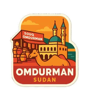 May include: A colorful sticker featuring a camel, mosque, and market scene. The text reads "Souq Omdurman" and "Omdurman Sudan" in a stylized font, set against a warm orange and red background.