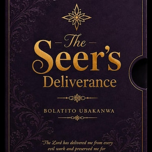 May include: A dark purple book cover titled The Seer's Deliverance by Bolatito Ubakanwa. The cover features gold foil lettering, ornate floral corner flourishes, and a central star emblem. It includes the quote 2 Timothy 4:18 in gold text.