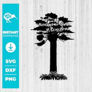 May include: Black silhouette of a tall tree with a thick trunk and a full canopy. The image includes the text "Instant Download" and file type options: SVG, DXF, and PNG. A kiwi bird logo is in the upper left corner.