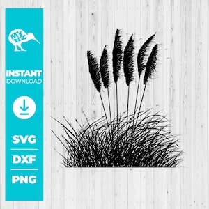 May include: Black and white digital illustration of tall grass and feathery plumes. The image includes the text "Instant Download" and file type options: SVG, DXF, and PNG. A kiwi bird logo is in the upper left corner.