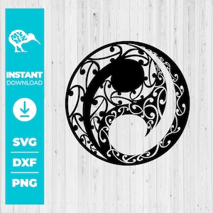 May include: Black and white circular design with intricate swirling patterns, resembling a stylized yin-yang symbol. The design is set against a light wood grain background. Text on the left side reads "Instant Download" with file type options: SVG, DXF, and PNG.