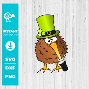 May include: A cartoon kiwi bird wearing a green leprechaun hat with a gold buckle and holding a green beer mug. The kiwi bird has brown feathers and a long orange beak.