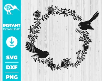 Fantail Kowhai Svg, Fantail Svg, Nz Bird Svg, Kowhai Flower, Nz Native Plant, Bird Silhouette Svg, Art of New Zealand, Fantail Wreath, Bird