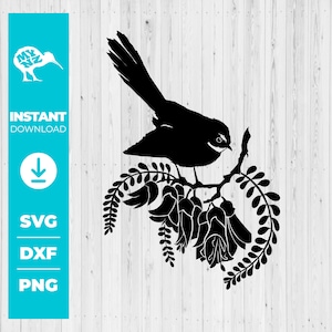 Fantail Kowhai Svg, Fantail Svg, Nz Bird Svg, Flor Kowhai, Planta Nativa da Nova Zelândia, Silhueta de Pássaro Svg, Arte da Nova Zelândia, Nz Svg, Bird Svg