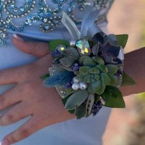 May include: A wrist corsage with succulents, pearls, and a blue ribbon. The corsage is made with a variety of green succulents and has a blue and silver accent.