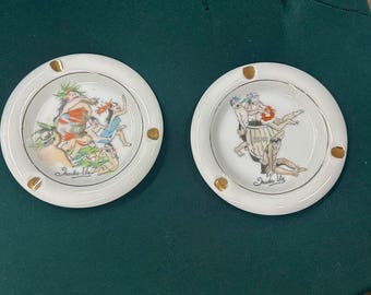 Vintage 1960s Trader Vic’s Ceramic Ashtray Set of 2, Mid Century Modern Tiki Barware, Polynesian Rum Barrel & Hula Dancer Gold Trim Ashtrays