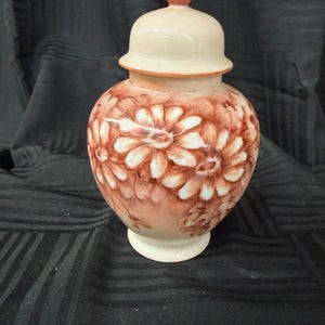 Signed Dorothy Fleming Hand Painted Ceramic Ginger Jar with Lid, Vintage Canadian Studio Pottery, Blush Pink & Terracotta Floral Urn