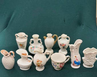Vintage Miniature Porcelain Curio Collection Lot of 11, Made in Occupied Japan and Japan Tiny Vases, Swirl Ewers & Teacup