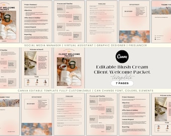 クライアント ウェルカム パケット 編集可能な Canva テンプレート ソーシャル メディア マネージャー バーチャル アシスタント フリーランサー ブラッシュ クリーム モダン オンボーディング テンプレート