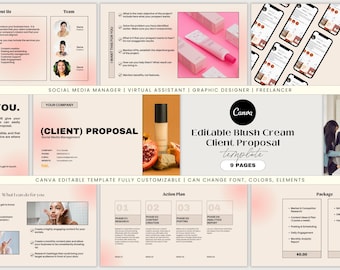 Plantilla editable de Canva para propuesta de cliente Administrador de redes sociales Asistente virtual Trabajador independiente Plantilla de diseño de propuesta moderna en crema ruborizada