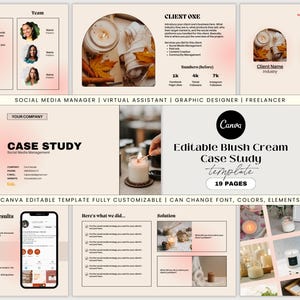 Puede incluir: Una plantilla de estudio de caso de marketing digital con un esquema de color crema rubor. La plantilla incluye secciones para información del cliente, resultados y una estrategia de redes sociales. La plantilla de Canva es totalmente personalizable e incluye 19 páginas.