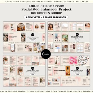 May include: A set of six Canva templates for a social media manager project, featuring a blush cream theme. The templates include a case study, client welcome packet, and client proposal. The templates are fully customizable and can be edited to change the font, colors, and elements.