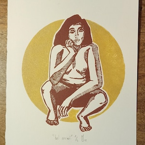 Bel ennui - Print of linocut, handmade - Series &quot;des Corps&quot; - Numbered and signed.