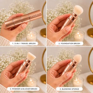 Puede incluir: Un set de brochas de maquillaje de viaje 3 en 1 en oro rosa con el texto POCKIT LONDON. El set incluye un mango metálico cilíndrico que se acopla a un cabezal de brocha para base, una brocha para polvos y colorete, y una esponja difuminadora.