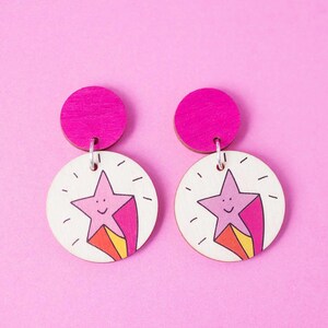 Pink Star Statement Dangle Earrings - Colourful Shooting Star Handmade Earrings - Women's Dangle Earrings - Cute Pink Earrings