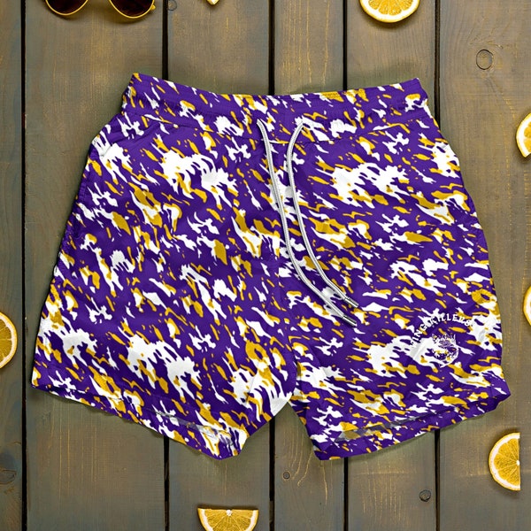 Purple & Gold Camouflage Swim Trunks For Men, LSU / Los Angeles Lakers Fan Swimming Shorts, Gift For Boyfriend