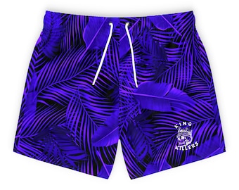 Purple Palms Fast Dry Swim Trunks For Men, Mid Thigh Drawstring Swim Shorts With Pockets For Him, Tropical Style