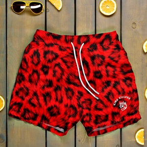 Red Leopard Print Swim Trunks For Men, Fast Drying, Mid Thigh Cut Summer Animal Print Shorts