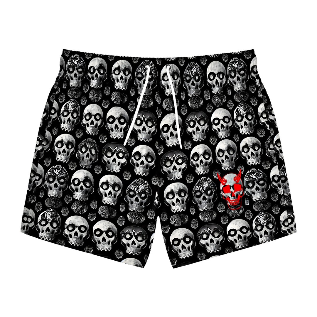 Black Grunge Skull Swim Trunks for Men, Fast Dry 5 Inch Inseam Festival