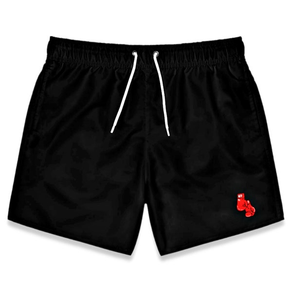 Short Black Swim Trunks For Men, Solid Black Swim Shorts With Small Red Boxing Gloves Icon For Him