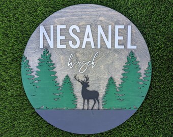 Nursery Name Sign | Woodland Deer Motif | Wooden, Round, Handmade, Baby Shower, Boy, Boho, Gift, Forest, Holiday, Birthday, Kid, Trees