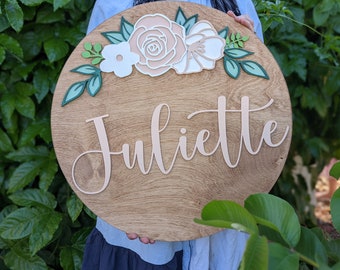 Nursery Name Sign | Peony Flower Motif | Wood, Round, Handmade, Baby Shower, Girl, Boho, Gift, Holiday, Birthday, Kid, Peony, Feminine