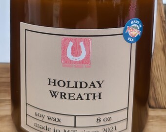 Rustic Handmade Holiday Soy Candle - Holiday Wreath