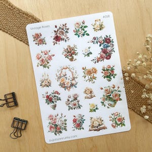 Stickervel Vintage rozen | Decoratieve stickers voor bullet journal, premium scrapbookingbenodigdheden, bloemenstickers voor brieven van penvrienden