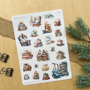 Hoja de pegatinas de lectura de invierno / Pegatinas de lectura para planificador, Decoración de temporada para diario de lectura, Regalo para amantes de los libros creativos