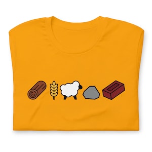 Catan shirt bordspel resourcekaarten geïnspireerd hout schapen baksteen erts tarwe Unisex zacht Bella + canvas T-shirt board gamer cadeau onofficieel