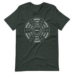 Könnte beinhalten: Dunkelgraues T-Shirt mit weißer Grafik. Die Grafik ist ein kreisförmiges Design mit dem Wort "PANIC" in der Mitte, umgeben von Sätzen wie "HIDING", "CLOSE" und "CLOSER".