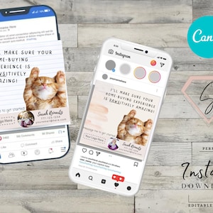 May include: A social media post template for a real estate agent. The template features a cute kitten with the text "I'll make sure your home-buying experience is pawsitively amazing!" and a contact section with the agent's name, phone number, and email address.