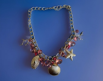 Gold Ton nautischen Charme Statement Halskette Seashell Starfish Coral Crystal Bead