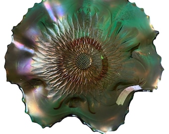 Northwood Sunflower Green Carnival Glass Footed Bowl 9" W x 3" T