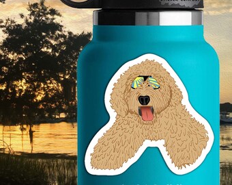 May include: A brown and white doodle dog wearing blue and yellow sunglasses. The dog is sitting with its head tilted to the side and its tongue sticking out. The sticker is 3 inches by 3 inches. "Life Outside Sticker Company" is printed in the top right corner of the sticker.